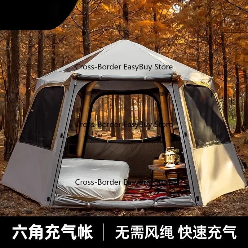 Quick-setup hexagonal inflatable tent for outdoor camping overnight, portable, foldable, rainproof and sunproof, new product