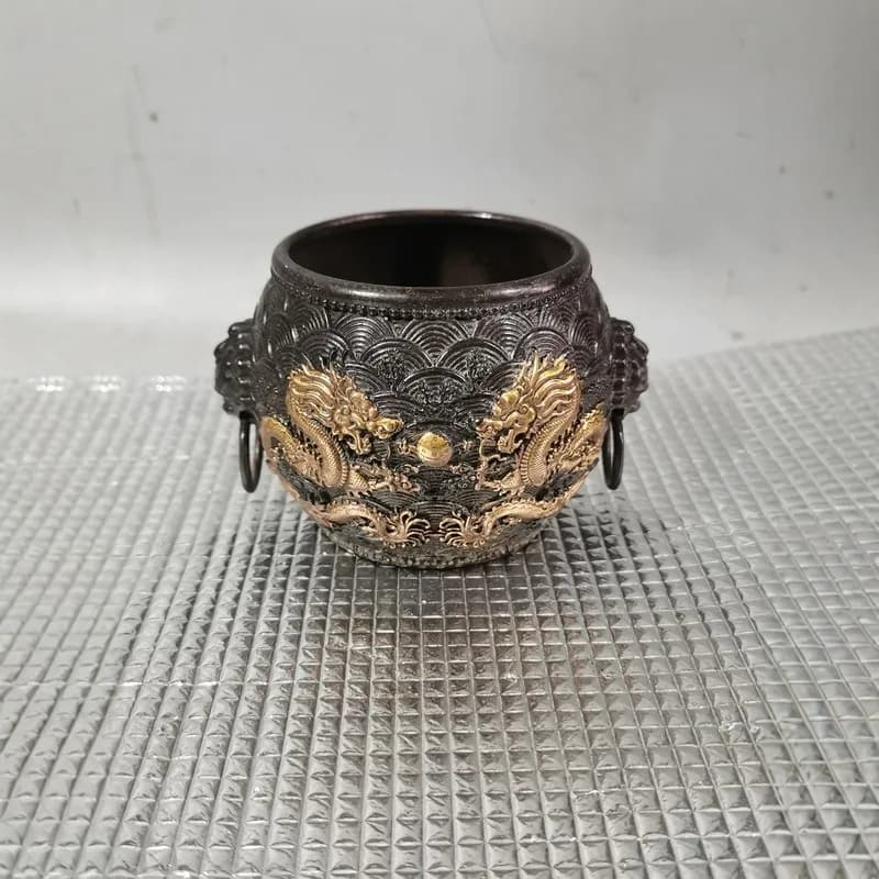 -colored collectible gilded copper double-dragon treasure bowl, antique incense burner craft