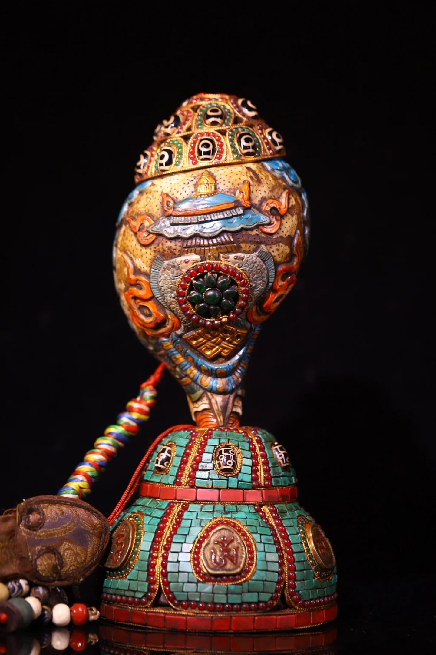 Old Natural Conch Mosaic Gem gZi Beads Turquoise Lucky Eight Treasures Buddha conch reciting sutras Amulet Town House