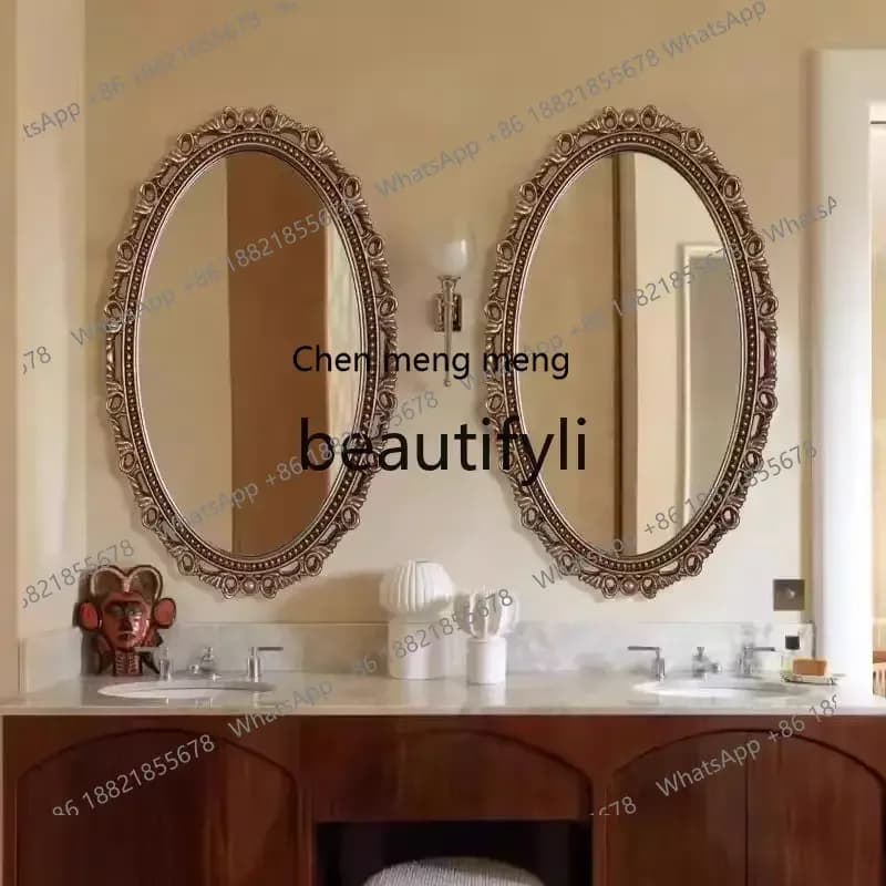 zq1Vintage oval dresser makeup mirror art bathroom mirror neoclassical carved decorative mirror American wall hanging