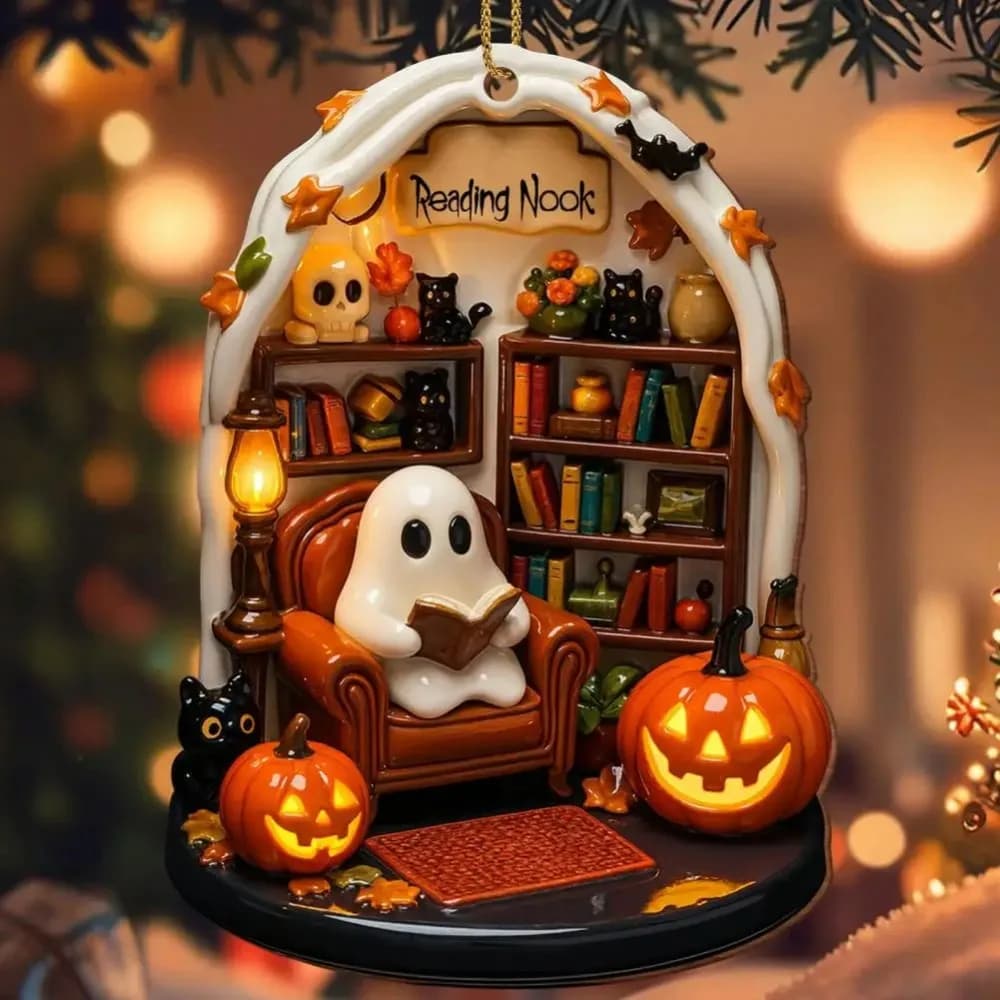 Cute Reading Ghost Halloween Ghost Ornaments 2D Flat Acrylic Pendant Halloween Spooky Decorations Party Supplies