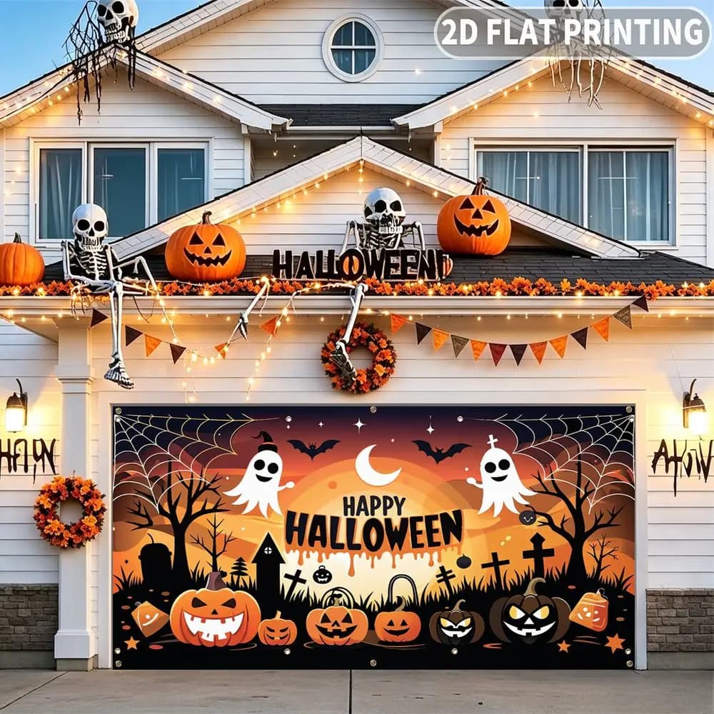 1pc 2D FLAT Halloween Party Garage Banner, Happy Halloween Pumpkin Ghost Bat Pattern, No Power Need, for Garage Door Decor