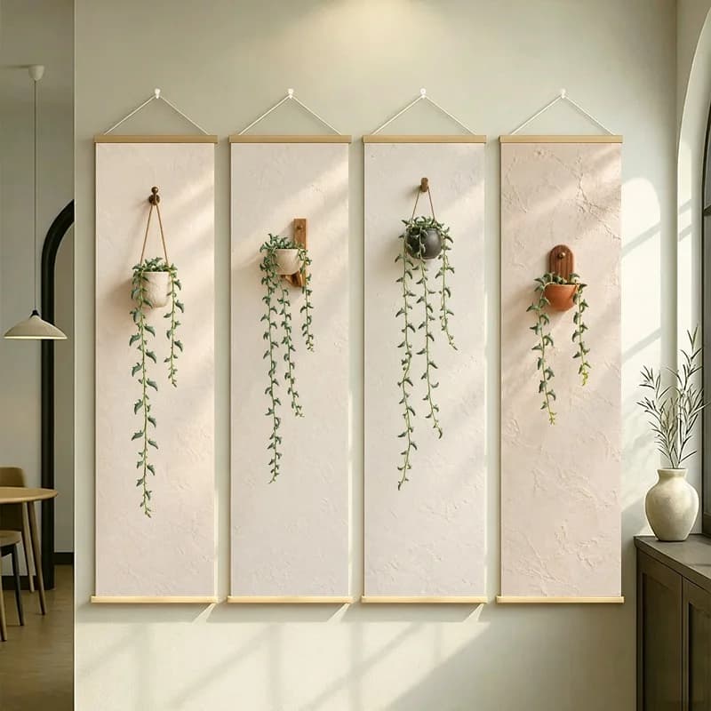 Trailing Plant Wall Art 4-Panel Green Vine Pot Hanging Scroll Set on Beige Silver Shimmer Canvas for Cozy Sunroom Decor