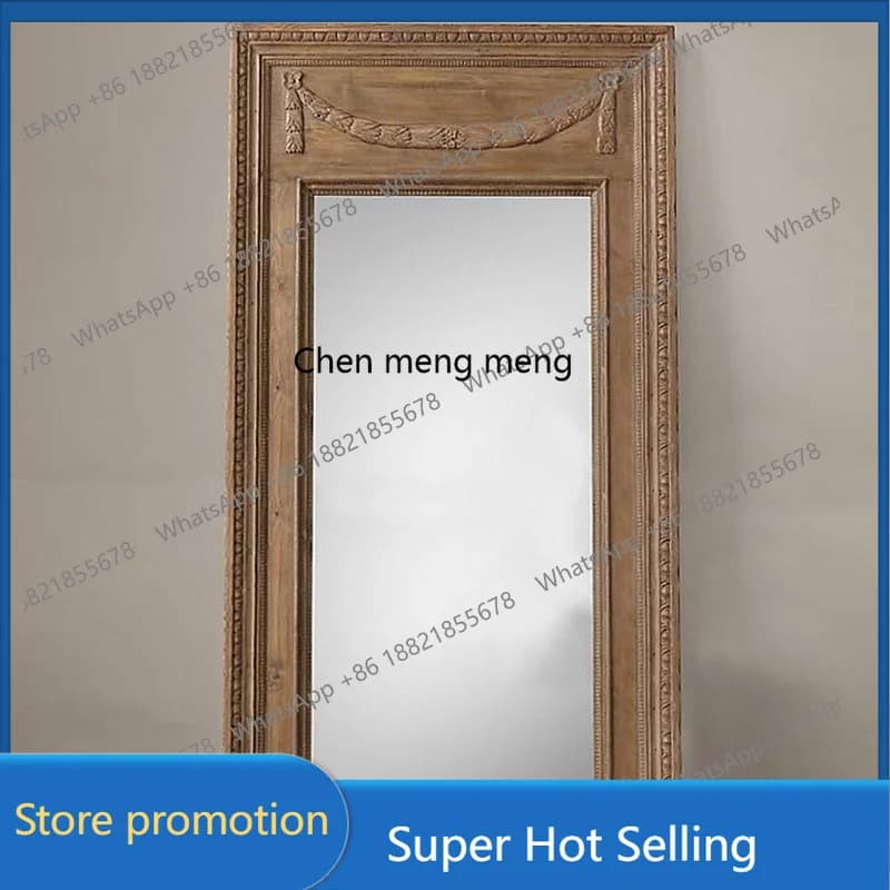 A17 French American solid wood carving flower antique old full-body mirror, floor log old full-length mirror