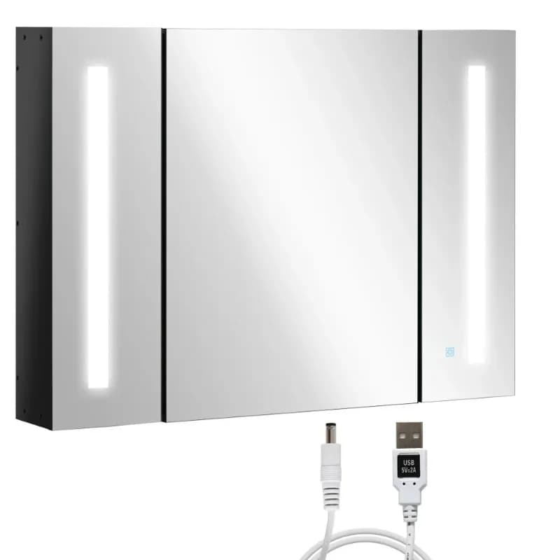 Led Medicine Cabinet Wall-Mounted Bathroom 3 Mirrored Door High Gloss Black