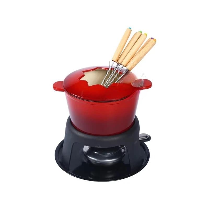 Cast iron red enamel non-stick 6-fork chocolate cheese fondue set