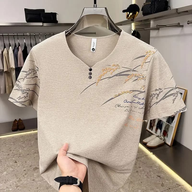 Men's V Neck Short Sleeve T Shirt with Wheat Print Casual Summer Tee Breathable Cotton Blend Top for Daily Wear