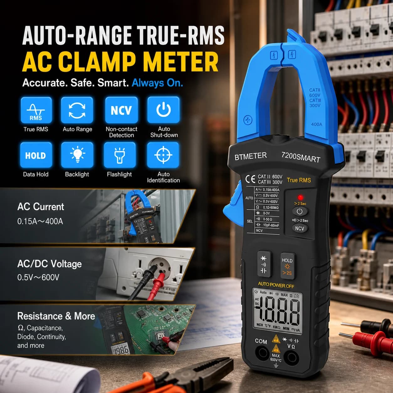 Smart Digital Clamp Meter Multimeter 6000 Counts Auto Range 600A AC True-RMS NCV Capacitance Tester for Electrician Automotive