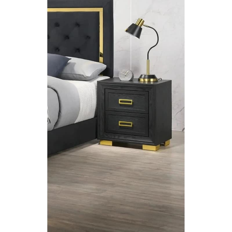 Modern 2-drawer bedside table, black gold veneer bedroom furniture with gold hardware fittings
