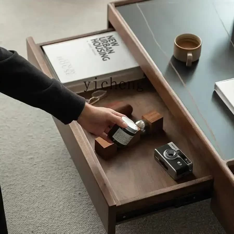 HTzz black walnut coffee table TV cabinet modern simple living room square table rock slab