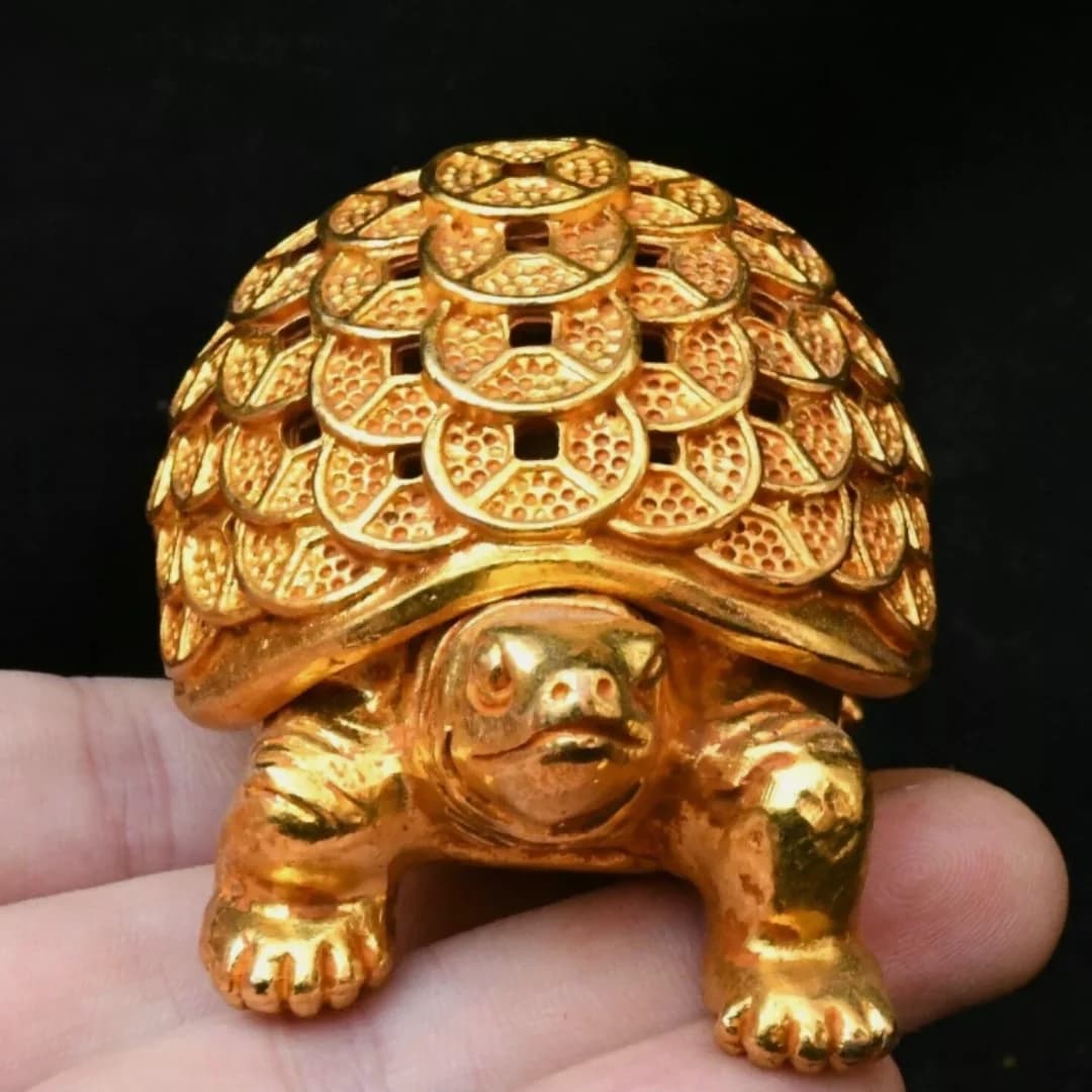 3.1''Old Chinese Dynasty Bronze Gilt Coin Turtle Incense Burner Censer Statue