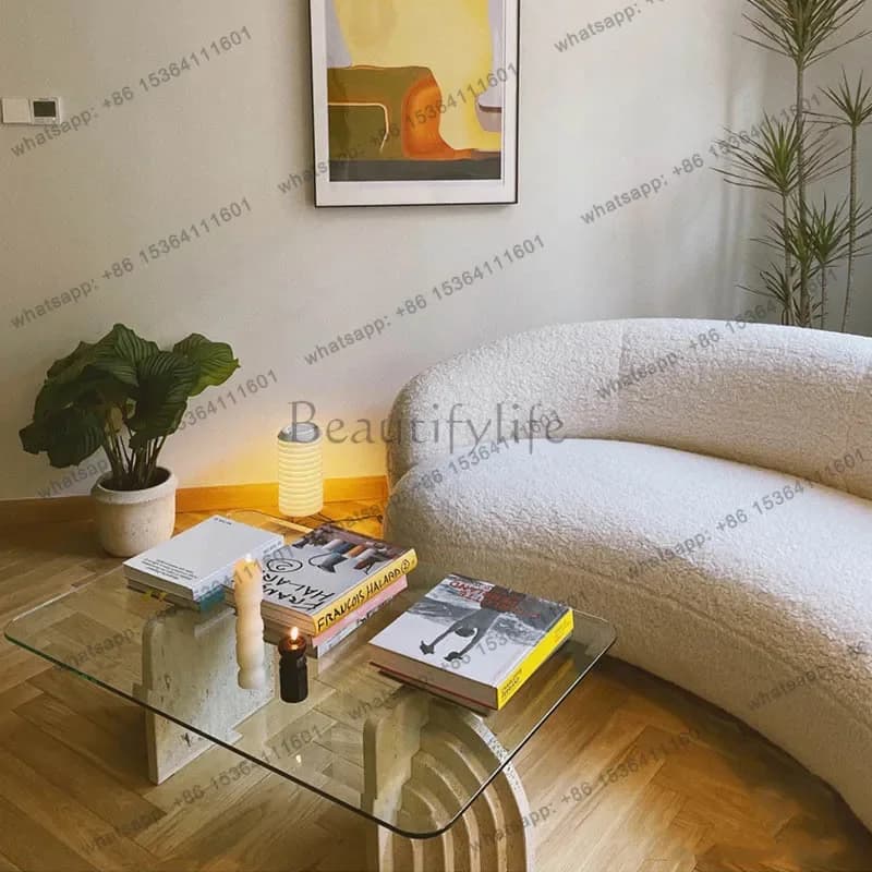 LXNatural travertine coffee table creativity, hotel living room tempered glass light luxury tea tableSSS