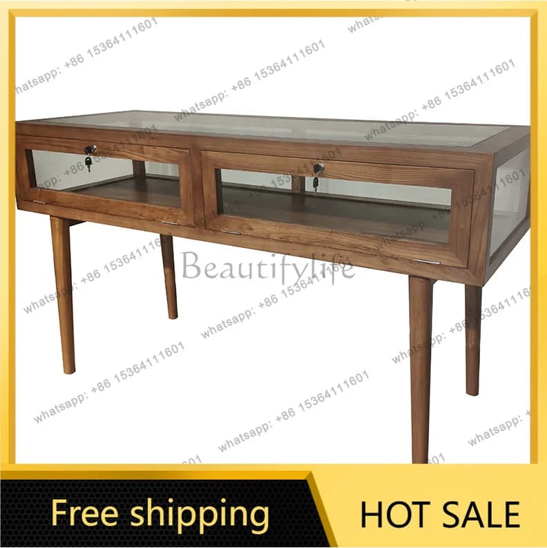 New Chinese style solid wood jewelry glass counter jewelry display cabinet with lighting custom boutique container