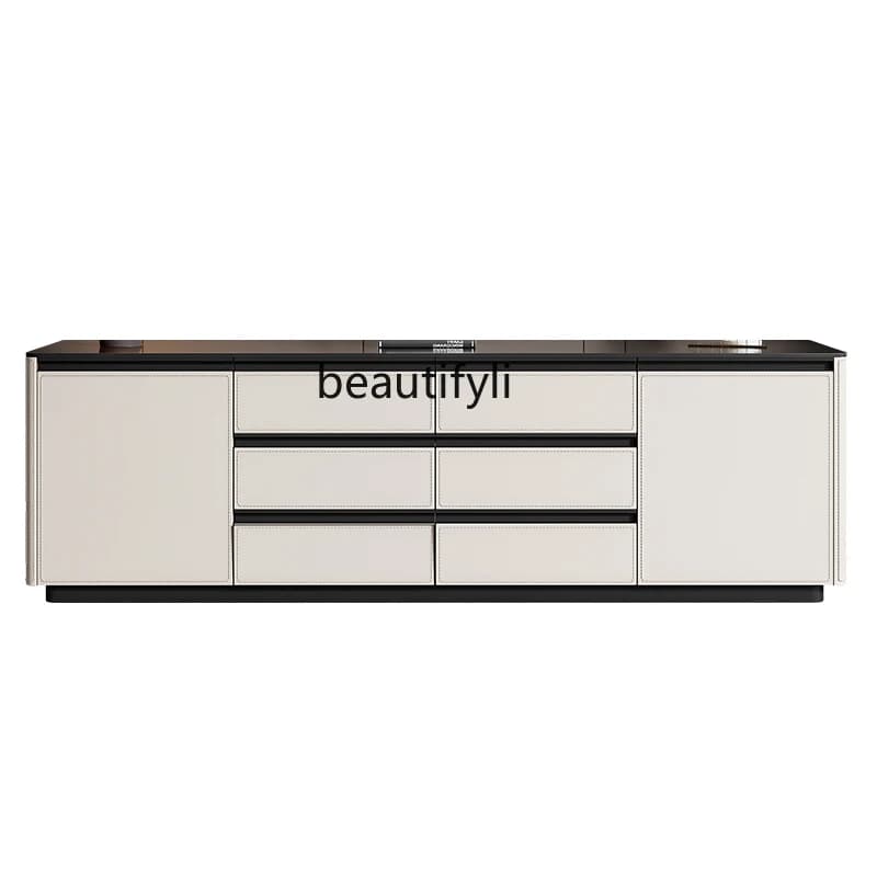 Saddle leather high TV cabinet living room wall storage floor cabinet bedroom solid wood storage cabinet