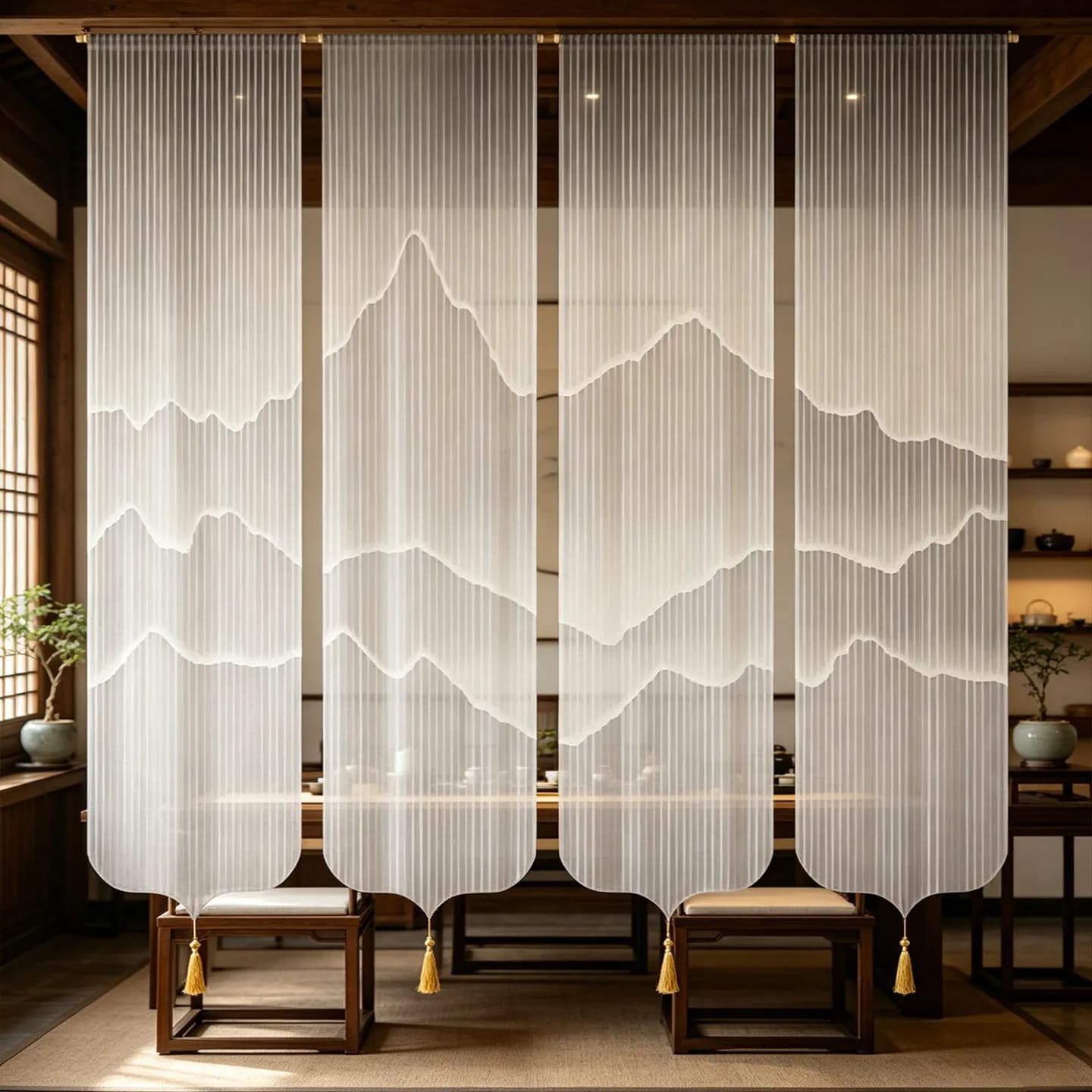 Hanging Room Divider - Semi Transparent White Gauze Curtain, Wabi Sabi Noren Screen for Yoga Zen Meditation & Tea Room Decor
