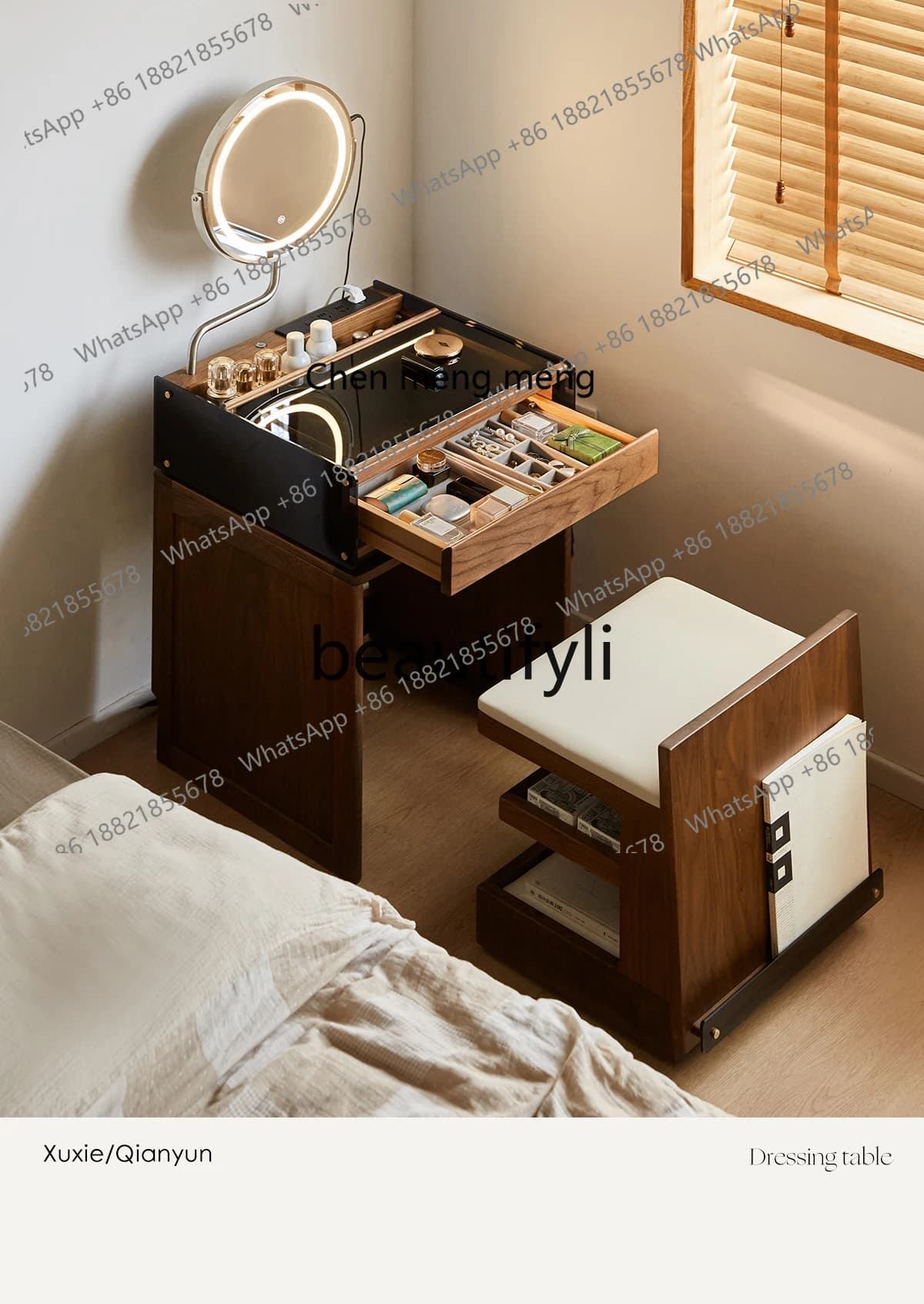 Q178 Solid wood dresser chest integrated bedroom black walnut small apartment bedside storage cabinet makeup table