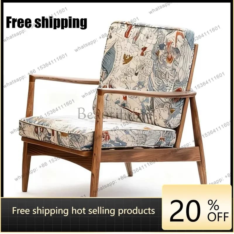 PG French light luxury solid wood single sofa chair printed fabric villa living room bedroom balcony household sofa chair