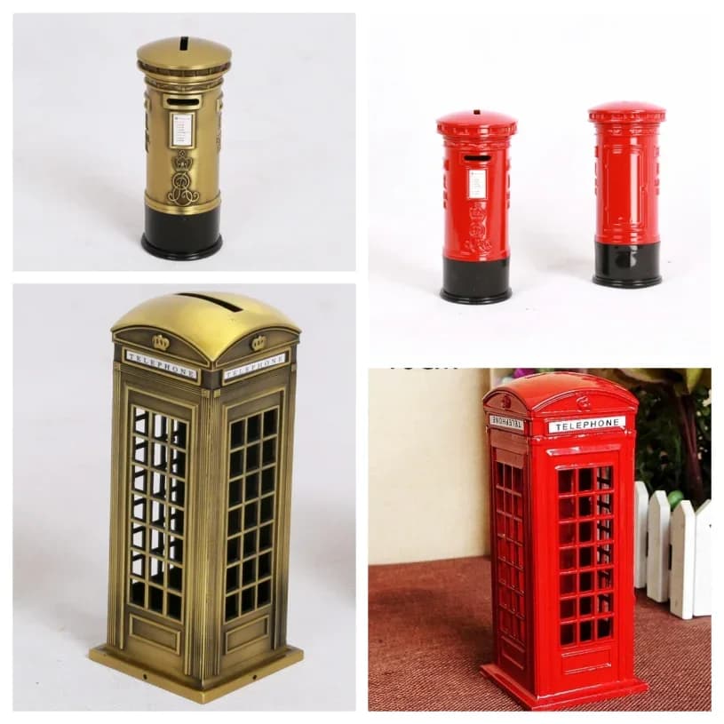 Vintage London Mailbox Children's Piggy Bank Creative British Telephone Booth Metal Model Photography Props Home Decor Ornaments
