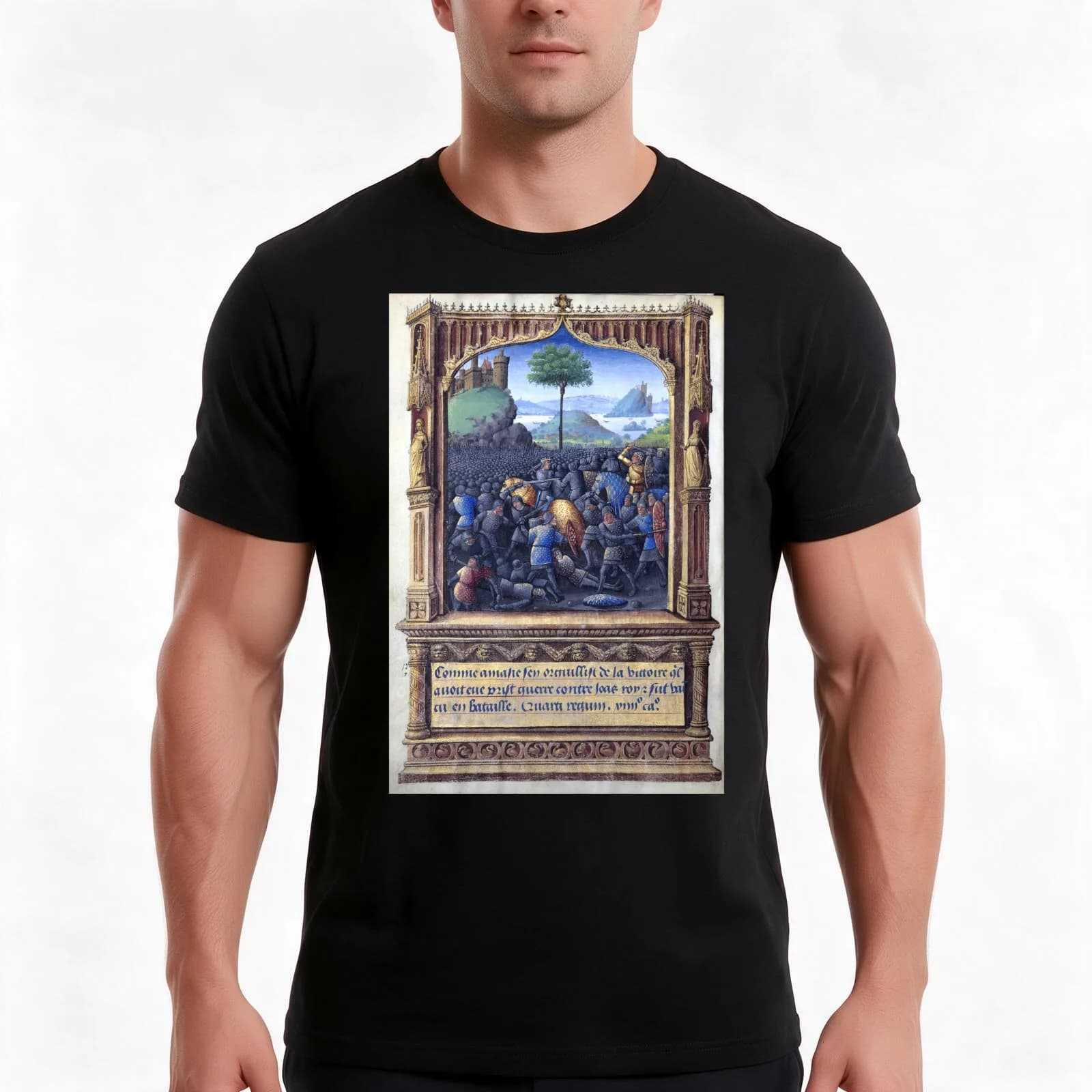 Knight Battle Medieval Manuscript T-Shirt, Summer Casual Cotton Tee, Oversized Streetwear Tops, Vintage Graphic Print