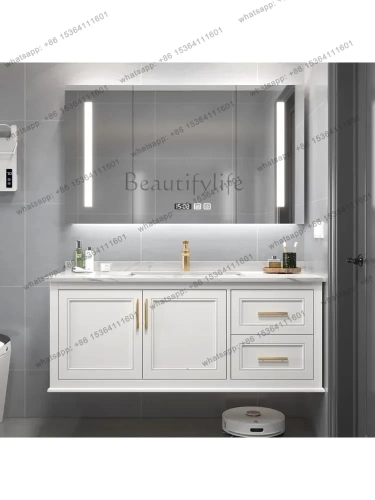 American simple oak bathroom cabinet combination bathroom rock slab ceramic integrated basin