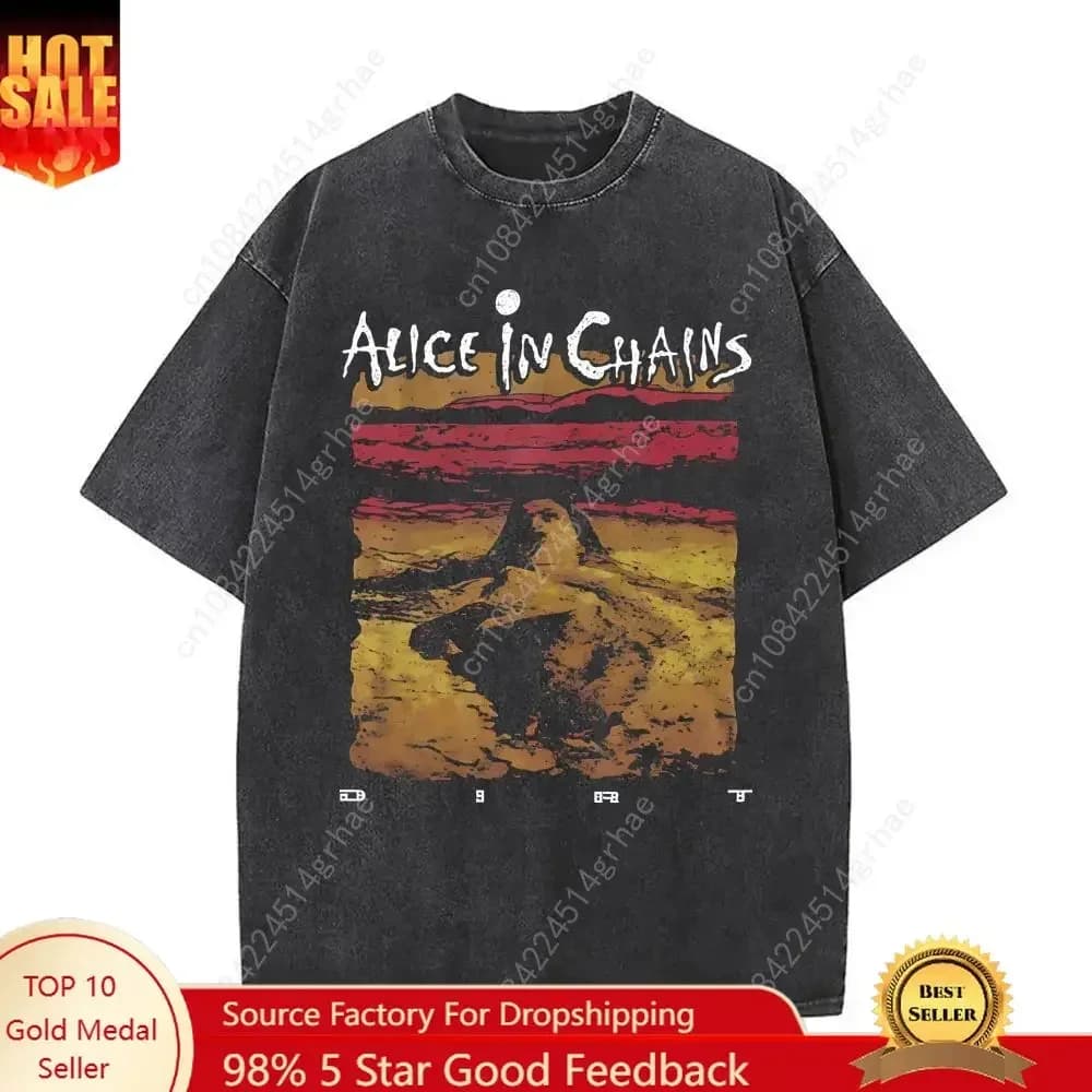 New in Top & Tees Mens T-Shirt Camisetas Rock Band Alice in Chains Dirt Washed Vintage Short Sleeved Round Neck Y2k Tshirt