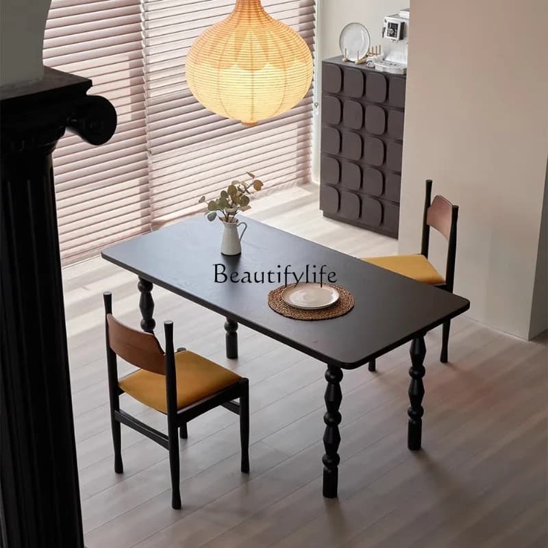 LJY**Solid wood dining table French retro wabi style rectangular Italian minimalist black dining table