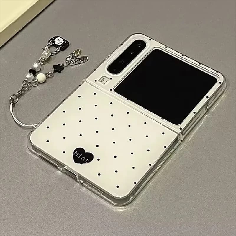 zflip7 case Cute Korean Style Polka Dot flip Phone Case For Samsung Z Flip7/6/5 Xiaomi Mix Flip/Pura x With Beaded Chain Pendant