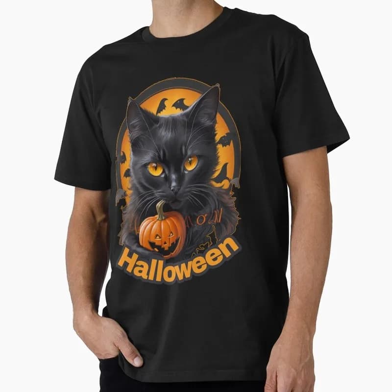 Black Cat Halloween Gift T Shirt Funny Spooky Cat Lover Tee Unisex Trick or Treat Costume Party Short Sleeve Cute Tops