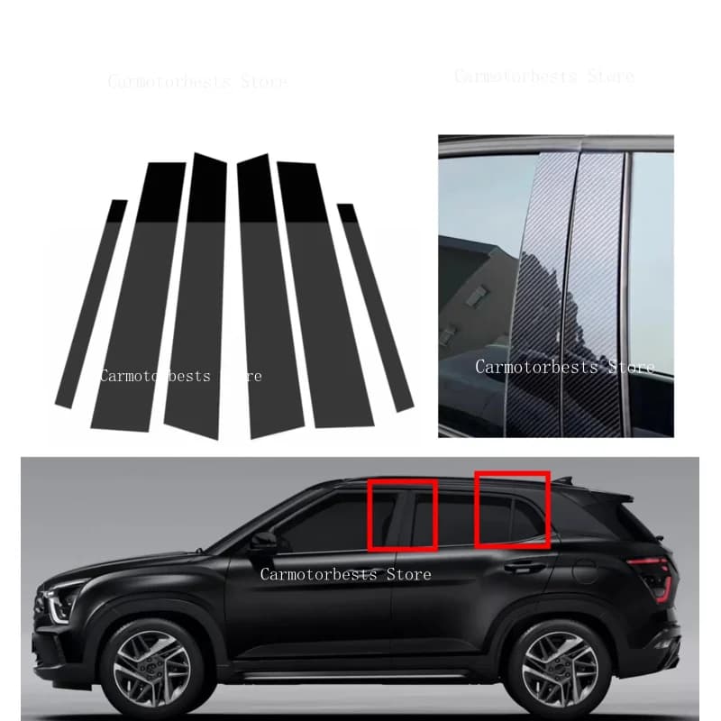 6PCS Gloss Black Pillar Posts Silver Carbon Fit For Hyundai Creta Ix25 2020-2023 Window Decor Door Side Mouliding Trim Cover