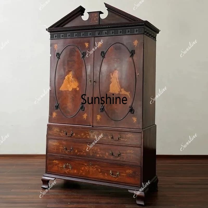 Medieval painted dining side cabinet, retro solid wood side cabinet, French carved Xuan cabinet against the wall