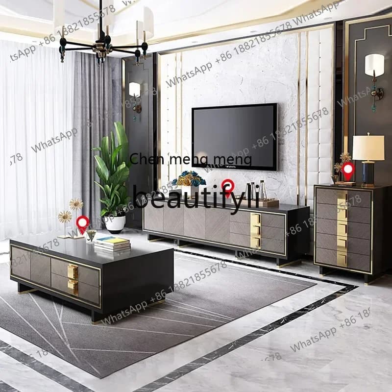 CQY TV Cabinet and Coffee Table Set Nordic Light Luxury Walnut Round Corner Living Room Floor Cabinet