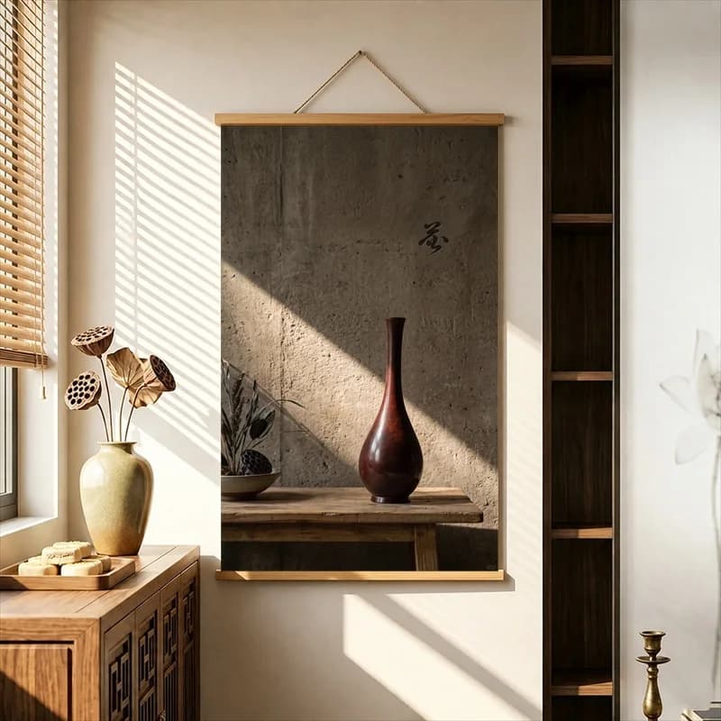 Home Decor Items Dark Bronze Vases in Warm Window Light, Wabi Sabi Decor Pearlescent Canvas Hanging Scroll for Boutique Hotel