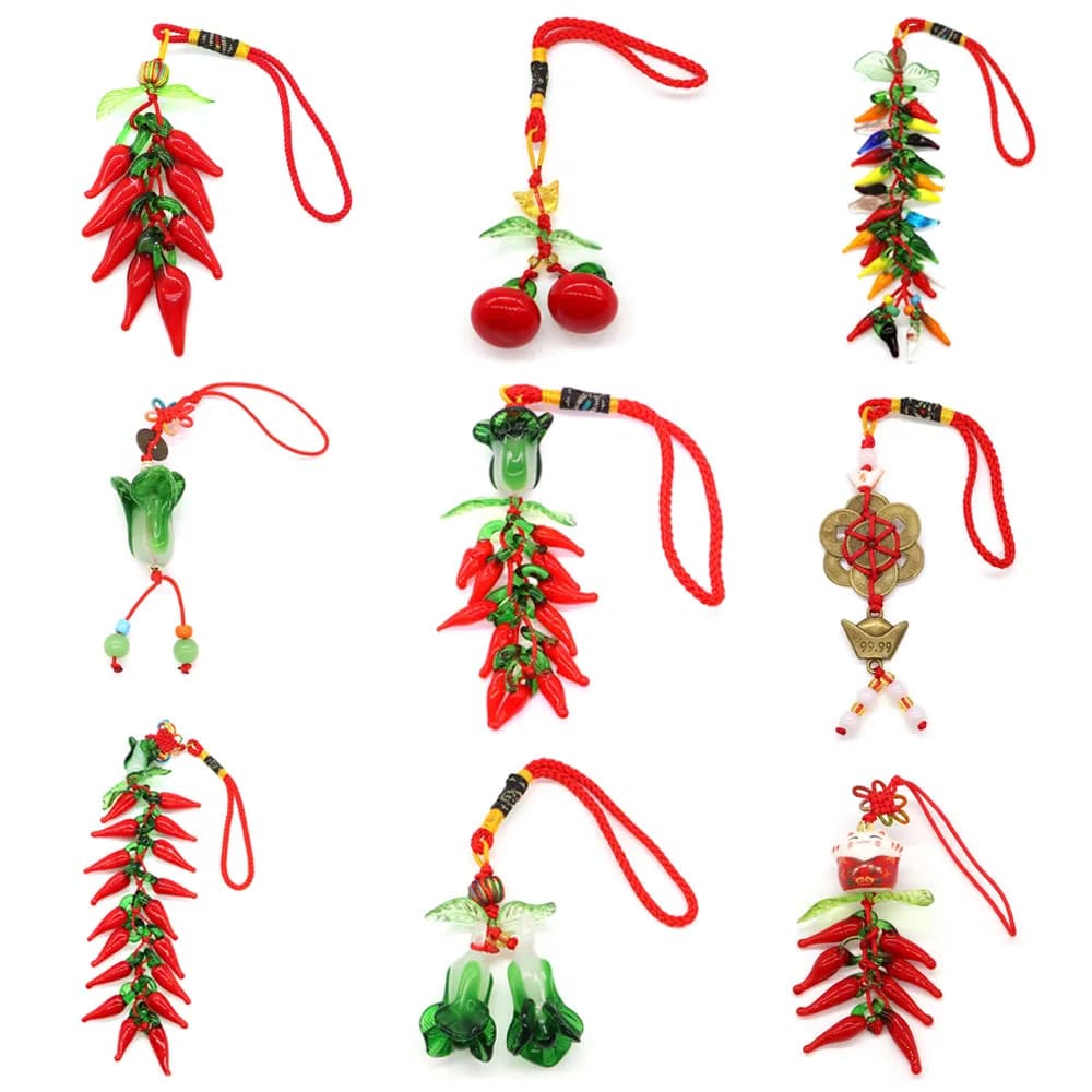 Mascot Wealth Lucky Brass Coin Chili Cabbage Tomato Keychain Chinese Knot Five Elements Bracelets Fengshui Home Decoration Gifts