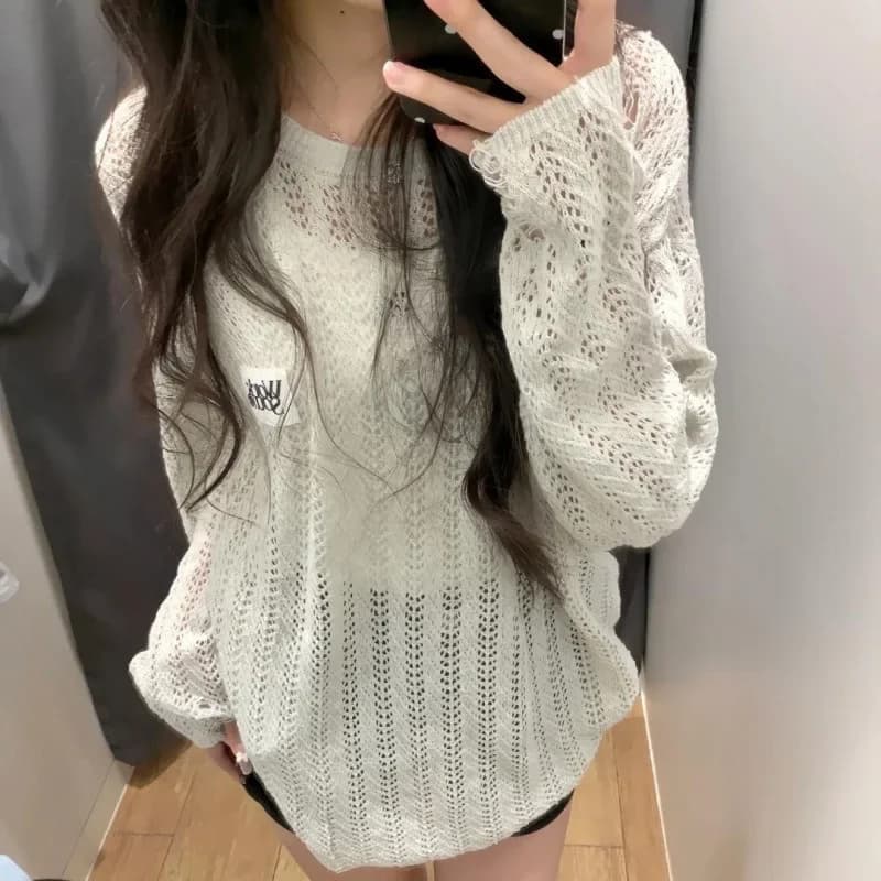 White hollow knitted sweater women's loose sunscreen blouse thin breathable anti-top