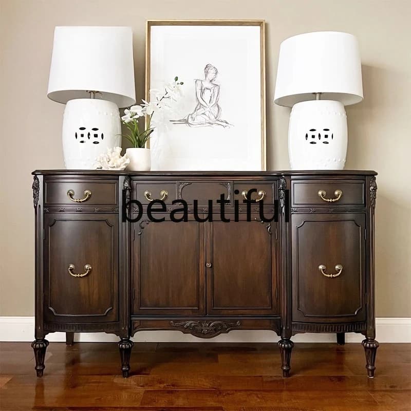 American retro old solid wood door entrance cabinet living room partition solid wood carving flower storage decorative cabinet