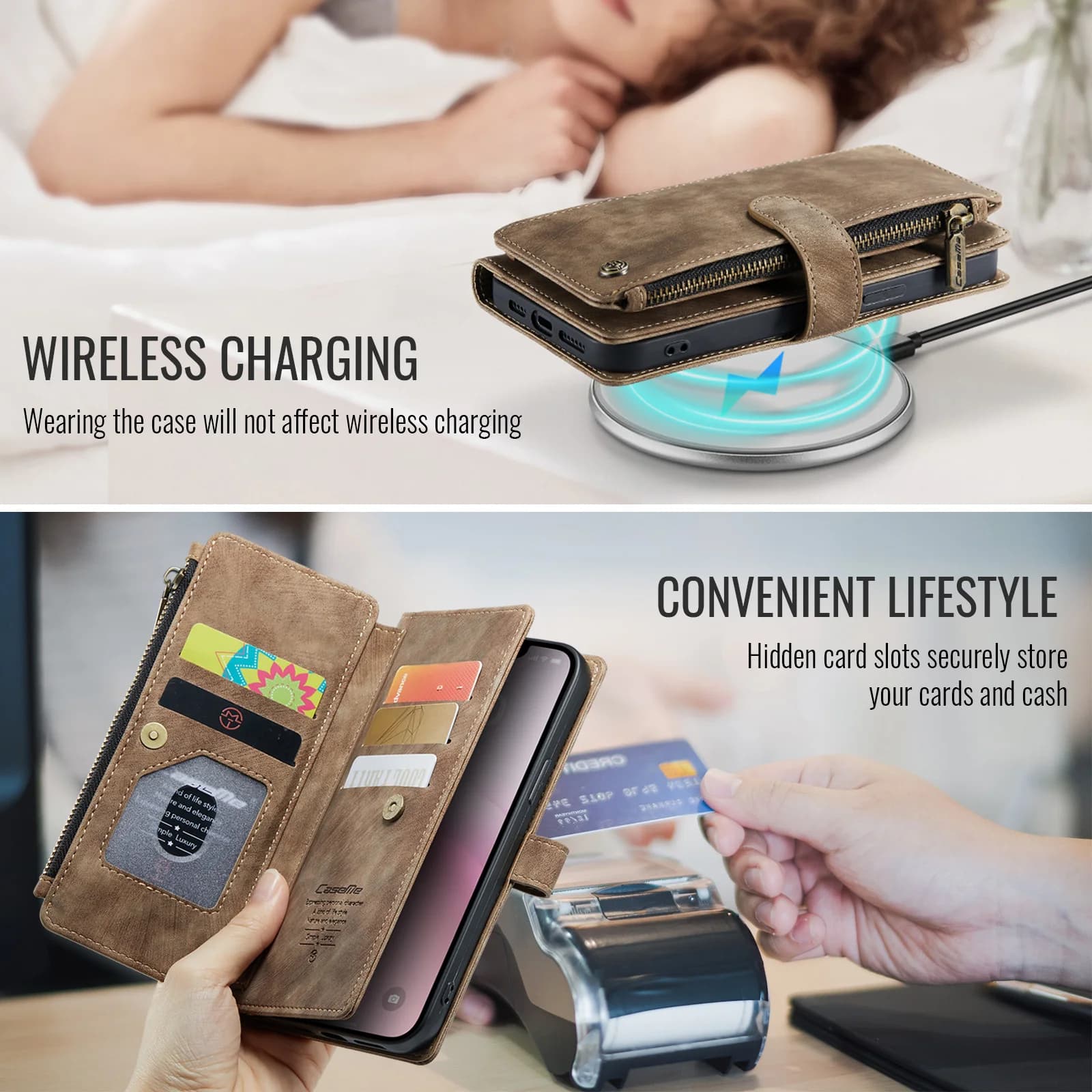 CaseMe-C30 For iPhone 17 16e 15 14 13 Pro Max 12 11 XR Luxury Premium PU Leather Wrise Zipper Wallet Case Card Holder Cover Flip