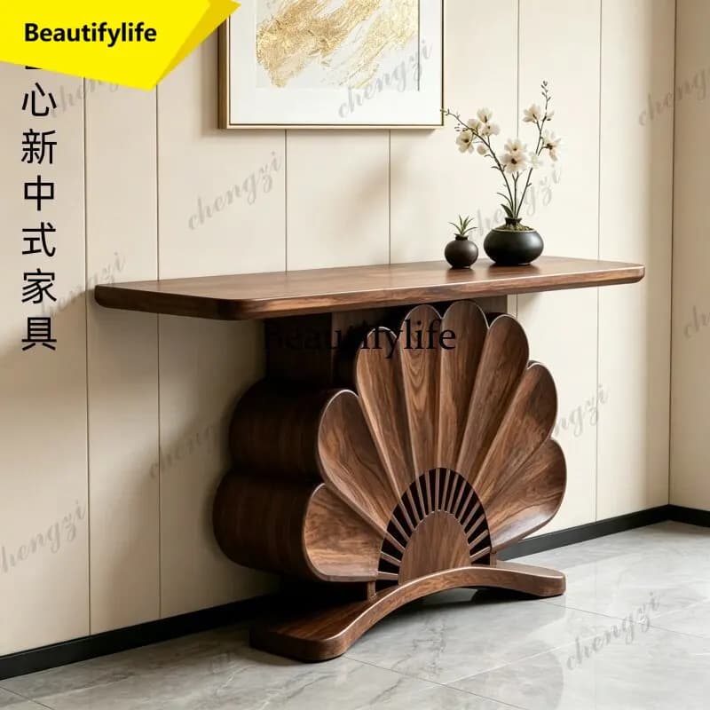 A17 New Chinese-style solid wood entrance table, black walnut high-end creative living room, fan-shaped entrance table, zen