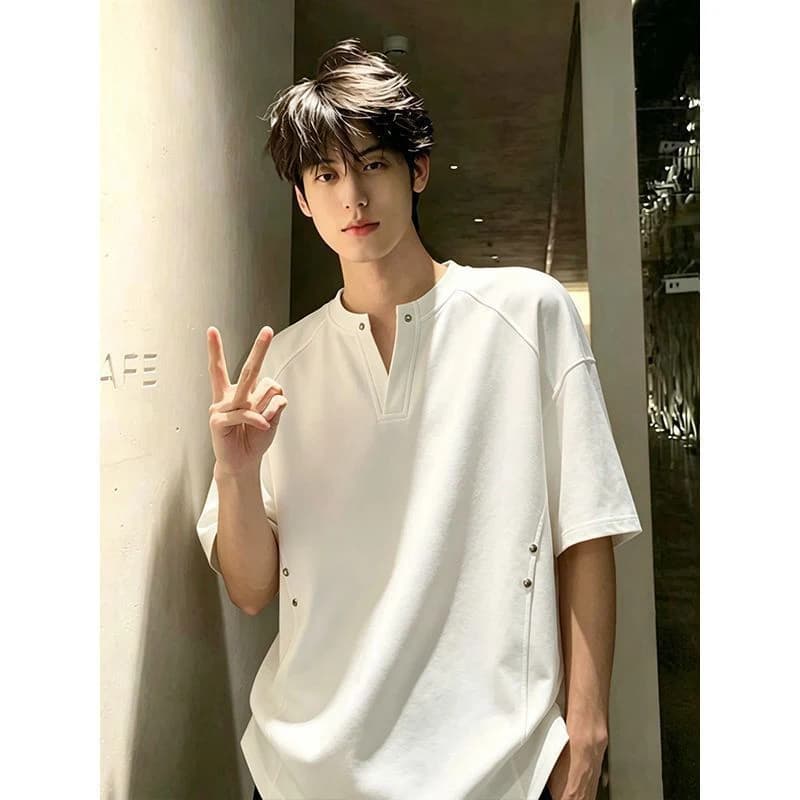 American V Neck Heavyweight Rivet Deconstruction Short Sleeve T-shirt Unisex Loose Fit Summer Half Streetwear Women Casual Top
