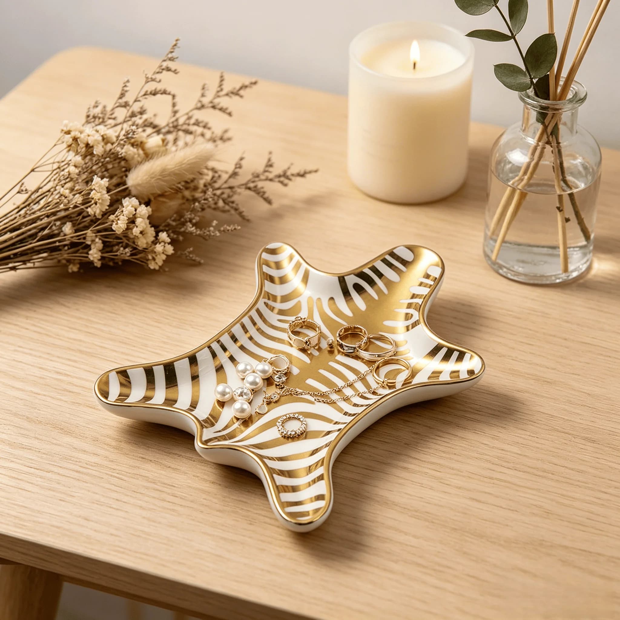 Ceramic Jewelry Tray Gold Rim Tiger Hide Shaped Trinket Ring Earring Necklace Storage Plate Nordic Luxury Home Decor Gift