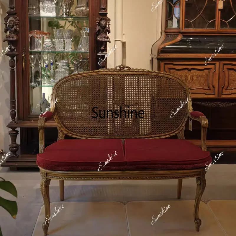 American retro solid wood carving flower leisure sofa rattan living room back chair