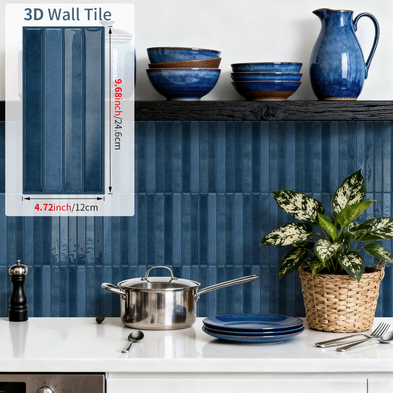 24PCS Blue 3D Peel and Stick Wall Tile Sticker – Waterproof Subway Wallpaper for Kitchen, Bathroom & Home Decor, Easy to Install