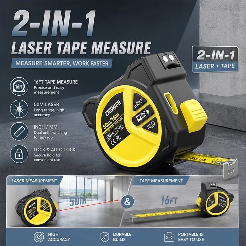 Digital Laser Tape Measure 2 in 1 High Accuracy Distance Meter with LCD Display Rubber Wrapped Drop-Resistant Ruler