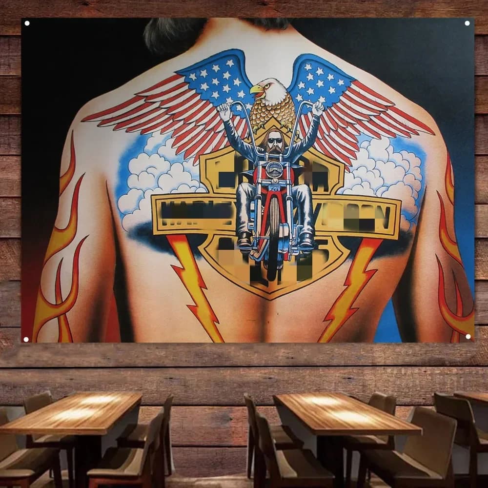 Back Tattoo Motorcycle Art Tapestry Wall Painting Gas Station Garage Wall Decor Flag Banner Motor Shop Poster Home Decor Sticker