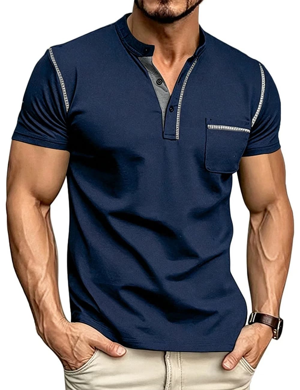 Summer Men's Fashion Henry Collar Single-Pocket Short-Sleeved Breathable Casual American Stretch T-Shirt for Outdoor Leisure