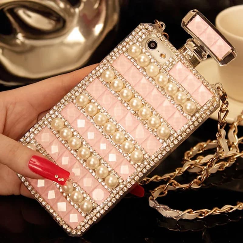Diamond Perfume Bottle Rhinestone Phone Case with Chain, Luxury Glitter Bling, for iPhone 16 15, 14, 11, 12, 13 Pro, X, XS MAX