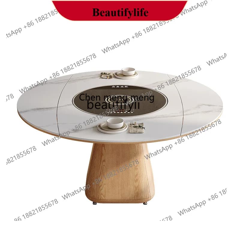 z183 Solid wood rock slab dining table with induction cooker folding telescopic square circle dual-purpose dining table and chai