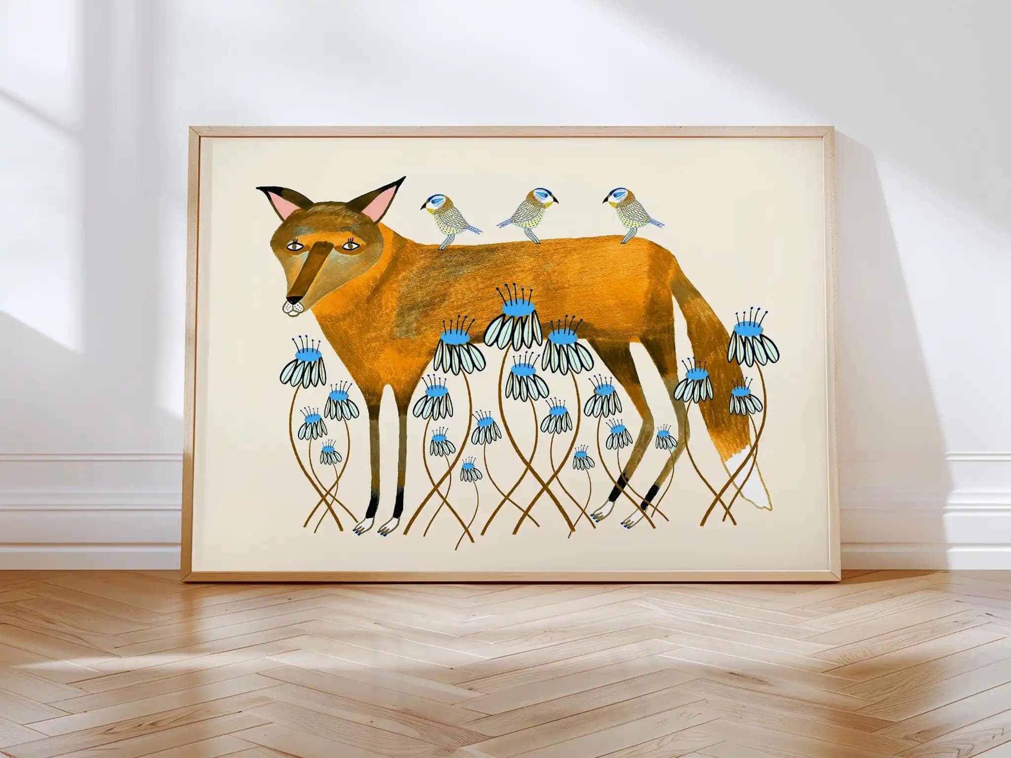 Golden Fox Art Print, Home Decor, Flowers Wall Decoration, Canvas Paitning for Her Kitchen Bedroom and Living Room House Warming