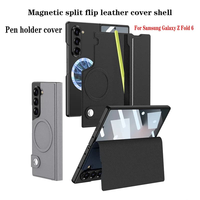 For Samsung Galaxy Z Fold 6 Leather Magnetic Card Slot Phone Case For Galaxy Z Fold6 Screen Glass Protective Bracket Pen Cover