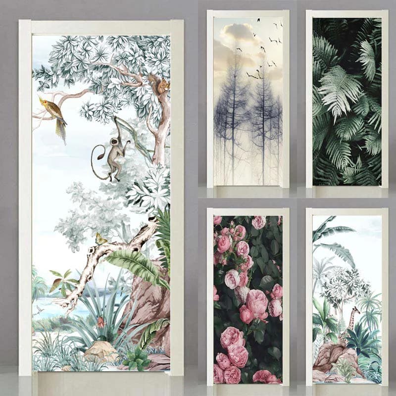 3D Jungle Door Stickers Wallpaper Self-adhesive Home Bedroom Wallpaper Decal Removable Waterproof Poster Mural