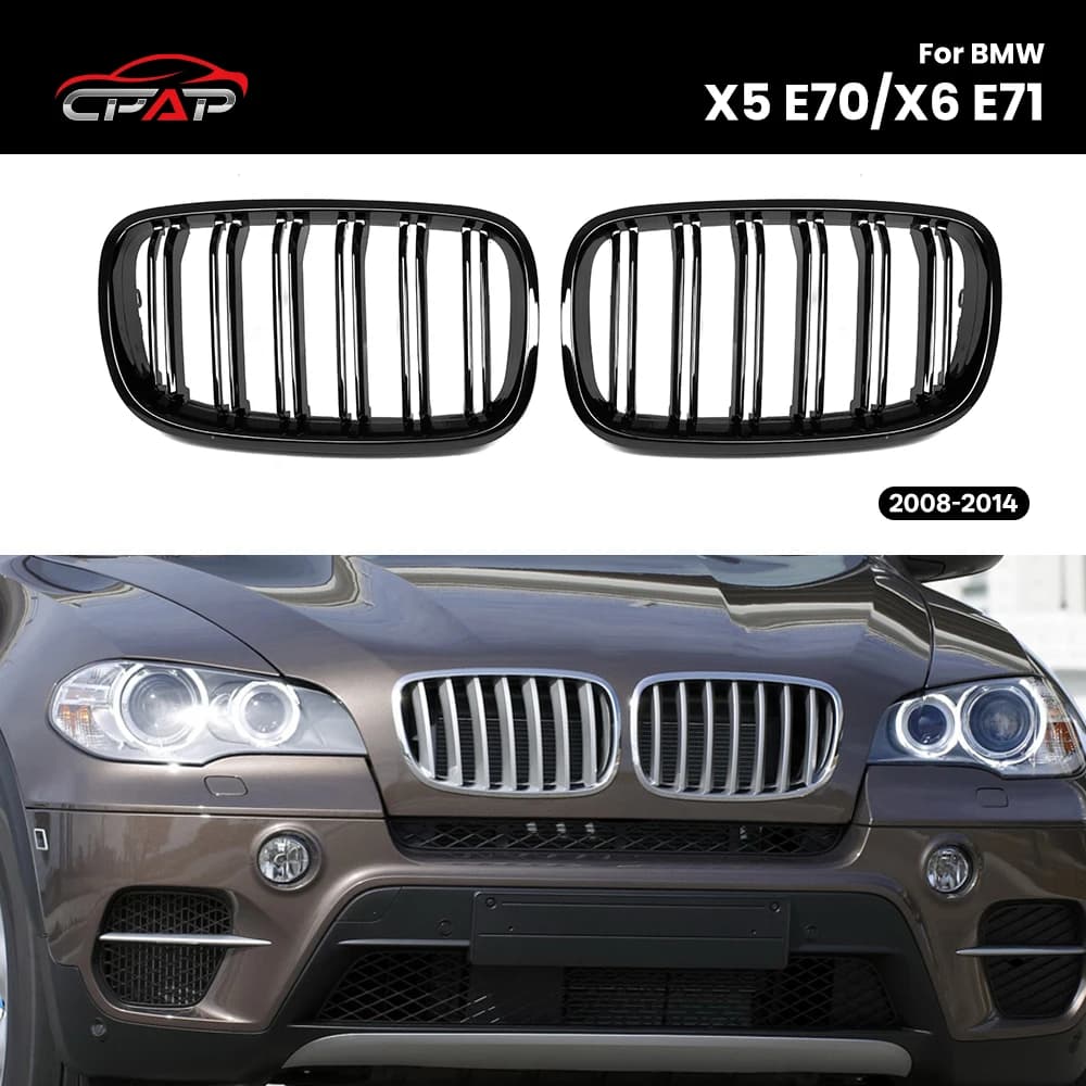 Front Grilles For BMW X5 E70 X6 E71 2008-2014 Gloss Black Kidney Hood Grills Replacement Double Slat Front Bumper Grille